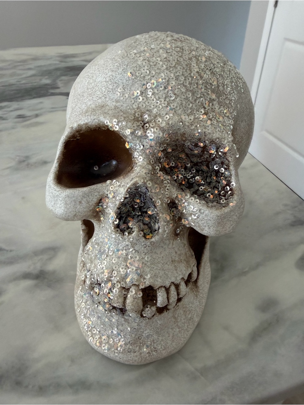 Decorative Sequined Skull Sculpture - White Glitter
